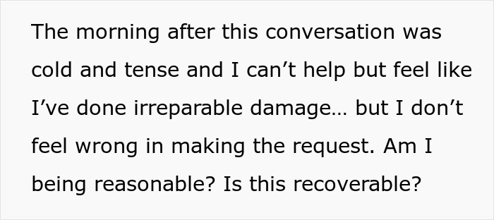 Text on a white background about a tense conversation and questioning if a relationship issue over financing a renovation is recoverable. Text on a white background about a tense conversation and questioning if a relationship issue over financing a renovation is recoverable.