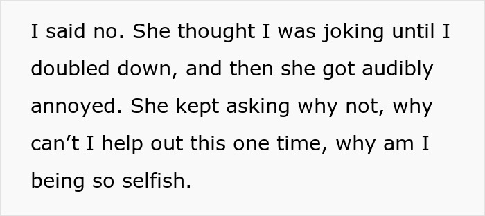 Text excerpt showing a guy refusing babysitting on vacation and being called selfish for having a life. Text excerpt showing a guy refusing babysitting on vacation and being called selfish for having a life.
