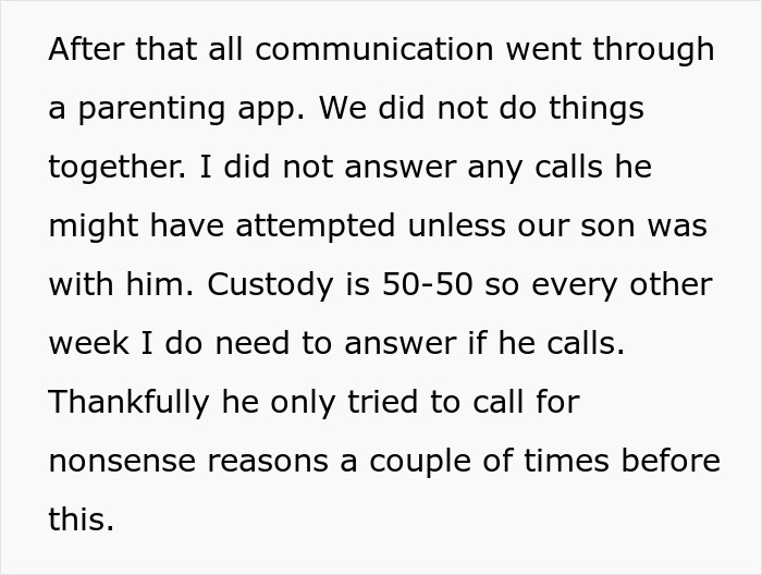 Text passage about co-parenting communication and custody arrangements in a situation involving an unfaithful husband. Text passage about co-parenting communication and custody arrangements in a situation involving an unfaithful husband.
