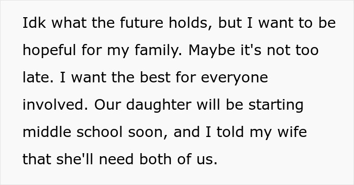 Text excerpt expressing hope for family unity despite wife prioritizing work over family and feelings of being a single parent. Text excerpt expressing hope for family unity despite wife prioritizing work over family and feelings of being a single parent.