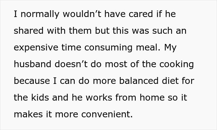Text highlighting a wife's frustration as husband gives away her $50 cooked roasts despite her time-consuming effort. Text highlighting a wife's frustration as husband gives away her $50 cooked roasts despite her time-consuming effort.