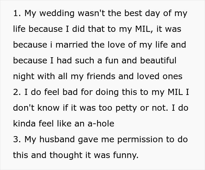 Text excerpt from a bride explaining her feelings about serving a special meal to her controlling MIL at the wedding. Text excerpt from a bride explaining her feelings about serving a special meal to her controlling MIL at the wedding.
