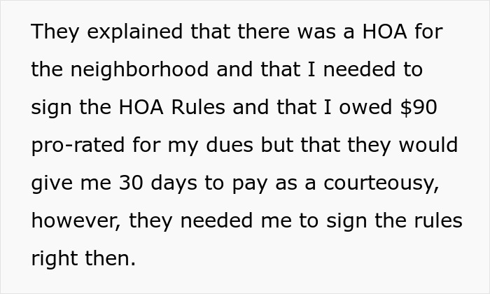 Text discussing HOA neighborhood rules and dues payment requirements with a focus on HOA president conflicts and legal action. Text discussing HOA neighborhood rules and dues payment requirements with a focus on HOA president conflicts and legal action.