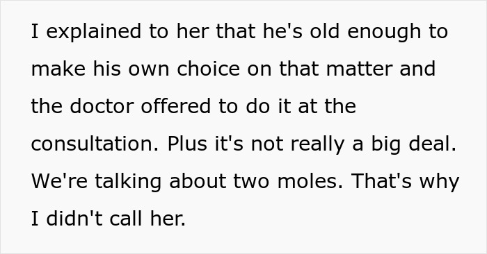 Text excerpt discussing a dad approving his 12-year-old son's mole removal as cosmetic surgery without mom's consent. Text excerpt discussing a dad approving his 12-year-old son's mole removal as cosmetic surgery without mom's consent.