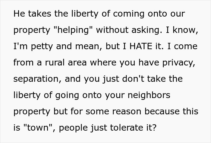 Text about a neighbor coming over to help early, with a woman taking revenge using her car's panic alarm.