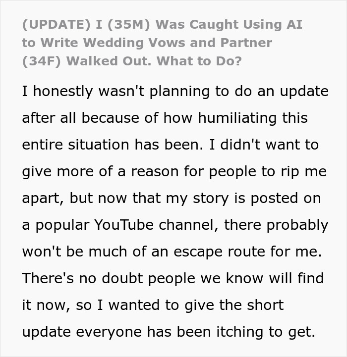 Man caught using AI to write wedding vows, bride leaves altar in emotional and humiliating situation. Man caught using AI to write wedding vows, bride leaves altar in emotional and humiliating situation.