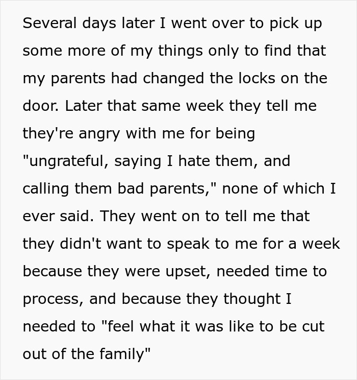 Text excerpt describing parents changing locks and blaming their child, reflecting entitled parents and autistic brother family issues.