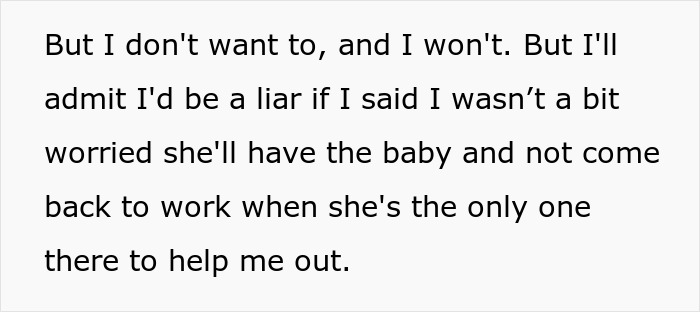 Text excerpt showing a boss worried about asking an employee if she's pregnant in a right to fire state scenario.