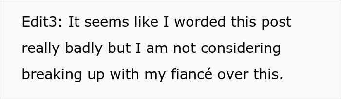 Text post stating a person clarifies they are not breaking up with their fiancé despite the situation with her brother. Text post stating a person clarifies they are not breaking up with their fiancé despite the situation with her brother.