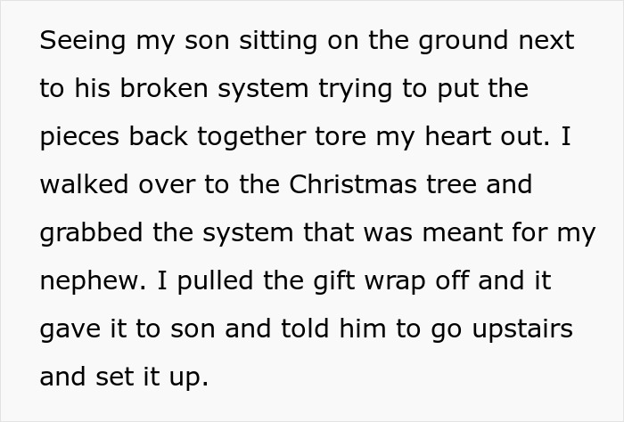 Woman took back nephew's Christmas gift to give it to her son, showing a heartfelt moment of sacrifice and family care.