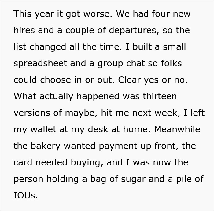 Text describing coworkers trying to organize a birthday with Venmo ghosting and no one confirming payments or participation. Text describing coworkers trying to organize a birthday with Venmo ghosting and no one confirming payments or participation.