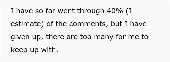 Text on screen showing a person stating they have read 40% of comments but given up due to too many to keep up with, related to mom affair college money dad. Text on screen showing a person stating they have read 40% of comments but given up due to too many to keep up with, related to mom affair college money dad.