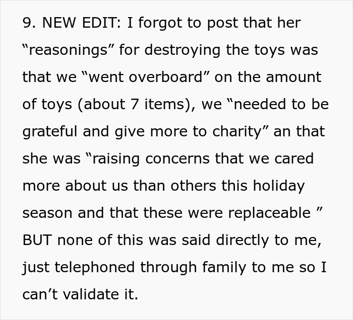 Text excerpt explaining the reasoning behind destroying a child’s Christmas presents related to charity concerns.