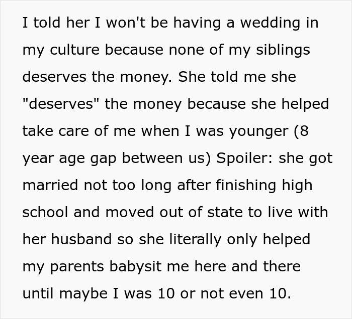 Text discussing sister wedding money culture and sibling disputes over deserved financial support in cultural context.