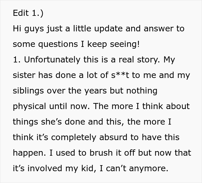 Text update discussing a woman’s story about her sister not doing enough for charity, leading to destruction of presents. Text update discussing a woman’s story about her sister not doing enough for charity, leading to destruction of presents.