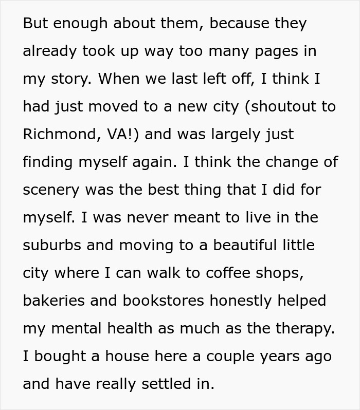 Woman shares inspiring update after leaving cheating husband, finding new city and improving mental health.