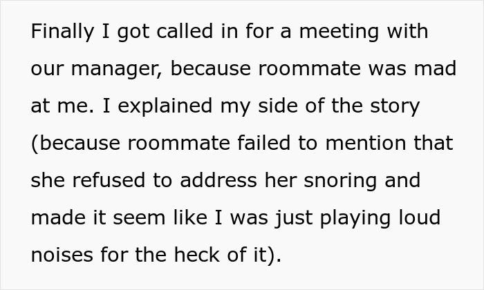 Text excerpt discussing a woman explaining her side about roommate’s snoring causing sleep issues and conflicts at work.
