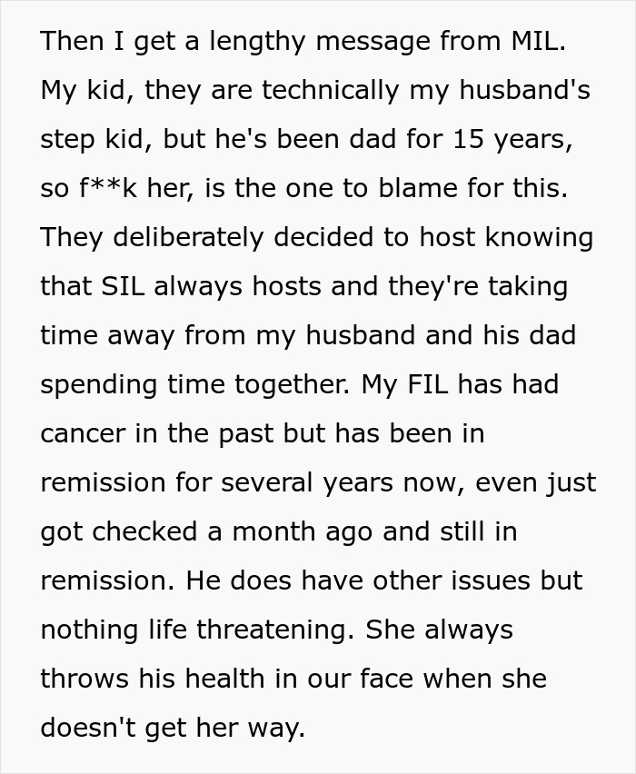 Text message from MIL arguing about Thanksgiving plans and family tensions involving kid, husband, and FIL’s health issues. Text message from MIL arguing about Thanksgiving plans and family tensions involving kid, husband, and FIL’s health issues.