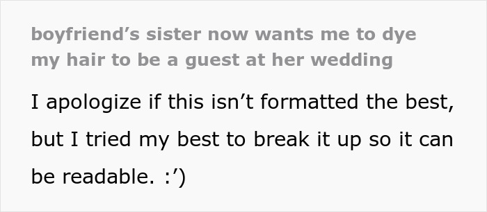 Ginger Woman Stunned After BF's Sis Wants Her To Dye Her Hair Black For The Wedding, Says No Way Ginger Woman Stunned After BF's Sis Wants Her To Dye Her Hair Black For The Wedding, Says No Way