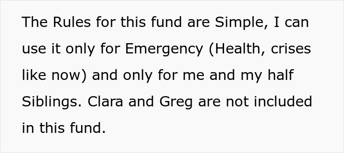 Text explaining family health fund rules allowing use only for emergencies for self and half-siblings, excluding others. Text explaining family health fund rules allowing use only for emergencies for self and half-siblings, excluding others.