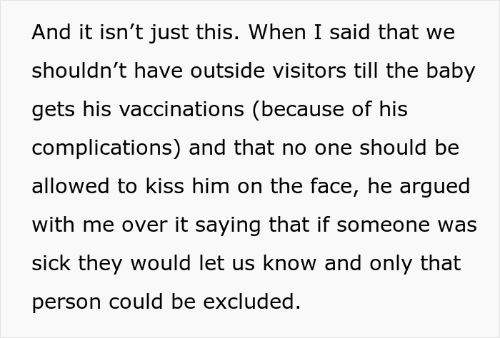 Text excerpt describing a pregnant woman demanding husband respect regarding baby’s vaccination and visitor rules.