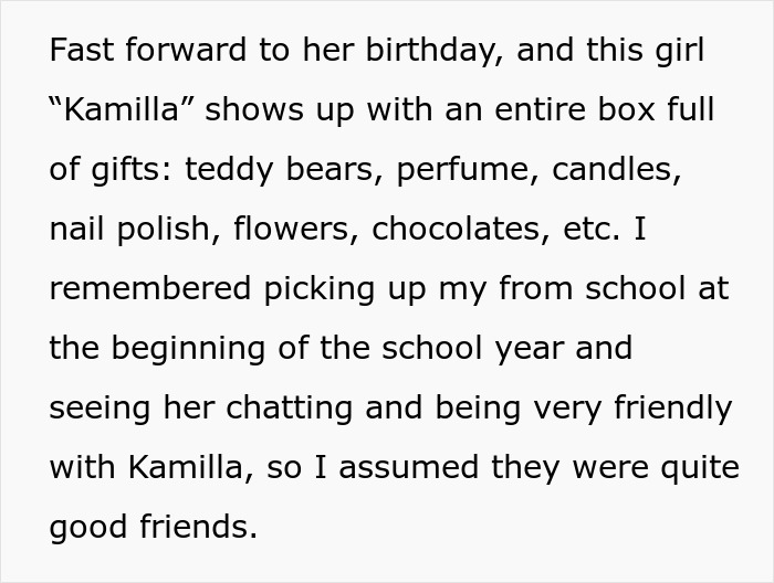 Text excerpt about a 13-year-old girl refusing to invite one schoolgirl, highlighting a mom's controversial support. Text excerpt about a 13-year-old girl refusing to invite one schoolgirl, highlighting a mom's controversial support.