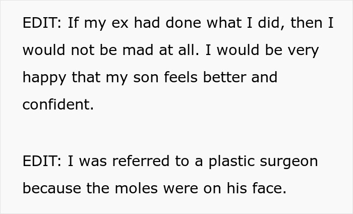 Text excerpt showing a mom’s edits explaining her son’s mole removal approved by dad, described as cosmetic surgery. Text excerpt showing a mom’s edits explaining her son’s mole removal approved by dad, described as cosmetic surgery.