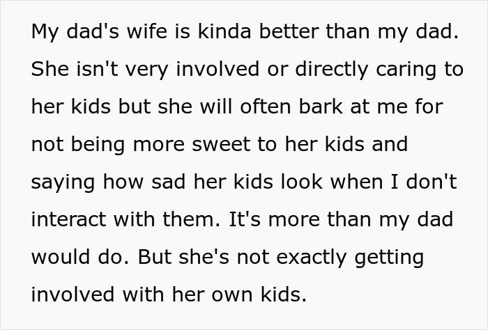 Text excerpt from a teen explaining why she refuses to babysit step-siblings again, causing dad to be upset.