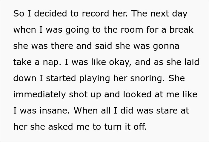 Text describing a woman struggling to sleep due to roommate’s loud snoring and playing it back to keep her awake.