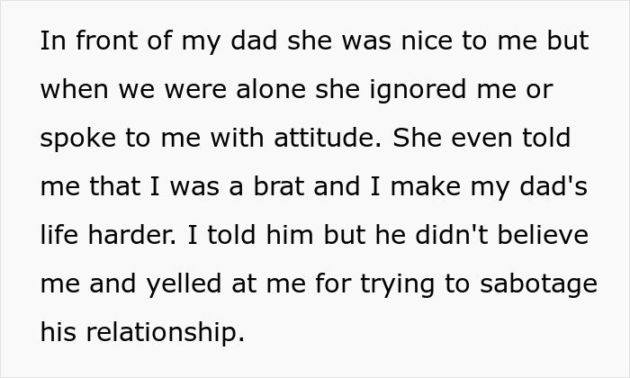 Text showing a teen describing how their dad’s girlfriend was nice to them only in front of their dad but ignored them alone.