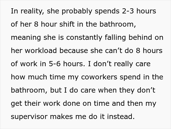 Alt text: Woman eats what she shouldn’t at work, causing a coworker to pay the price with extra workload and stress.