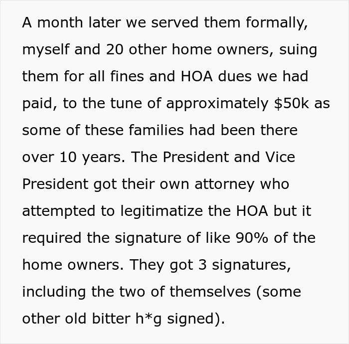 Text excerpt discussing a man and other homeowners suing an HOA president and vice president for unpaid fines and dues. Text excerpt discussing a man and other homeowners suing an HOA president and vice president for unpaid fines and dues.