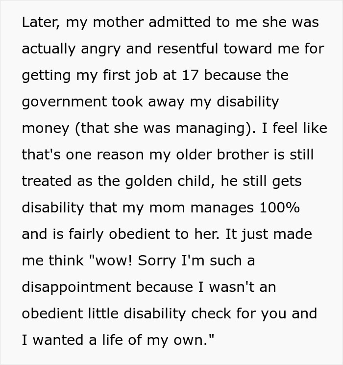 Alt text: Personal story about entitled parents treating autistic brother as golden child, ignoring his behavior and family dynamics.