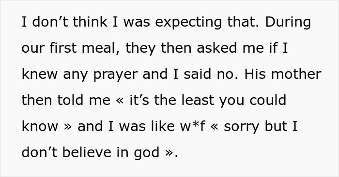 Excerpt of a woman explaining how her mother-in-law reacted to her not praying or going to church during a meal.