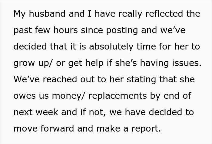 Text about a woman deciding to destroy child's Christmas presents due to sister not doing enough for charity.