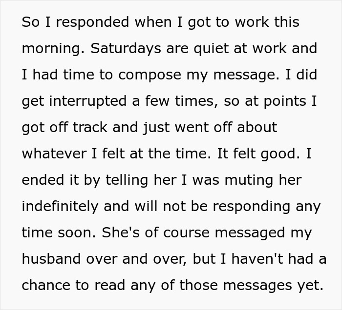 Text excerpt showing a woman explaining her decision to mute her mother-in-law amid Thanksgiving celebration conflict. Text excerpt showing a woman explaining her decision to mute her mother-in-law amid Thanksgiving celebration conflict.