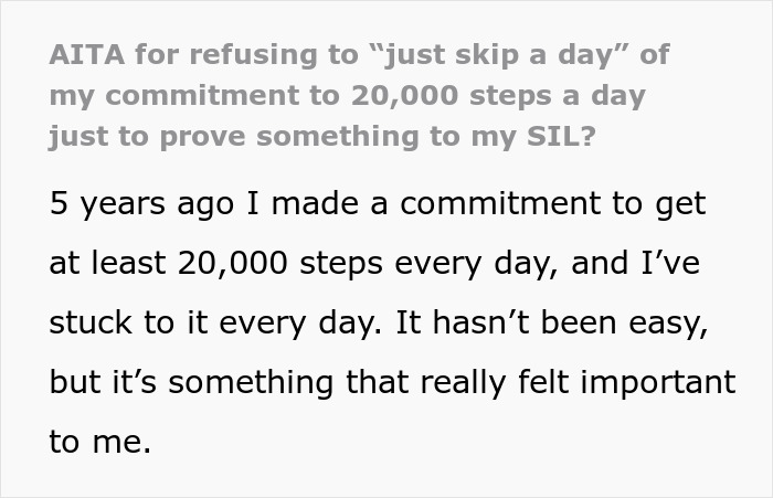 Text about refusing to skip a day of 20,000 steps commitment despite SIL mocking, showing avid walker persistence. Text about refusing to skip a day of 20,000 steps commitment despite SIL mocking, showing avid walker persistence.