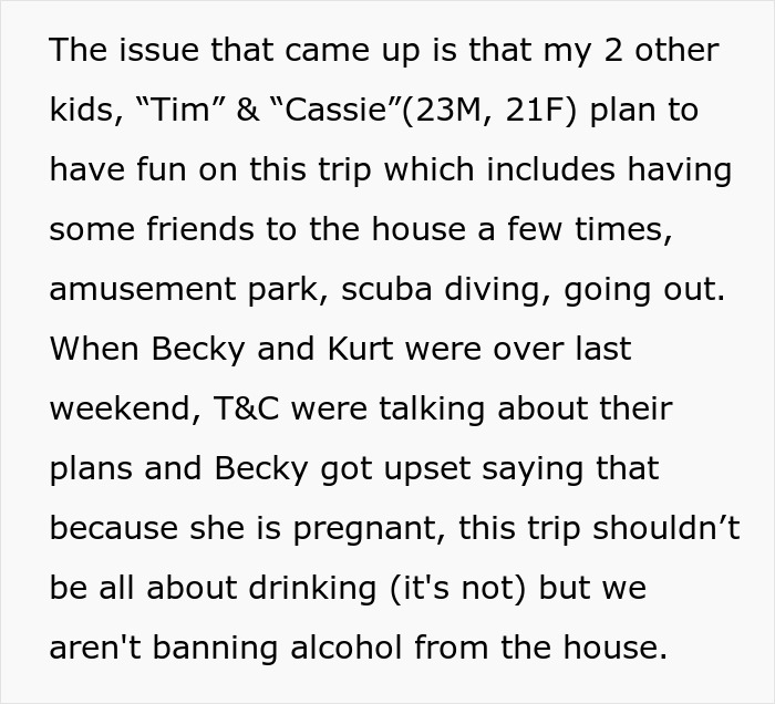 Text discussing MIL telling DIL the world doesn’t revolve around her pregnancy amid family trip complaints.