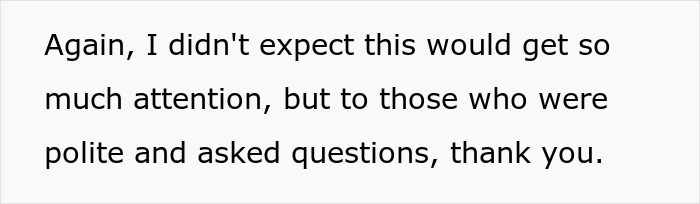 Text post expressing unexpected attention and gratitude to polite people who asked questions about the entitled mother incident.