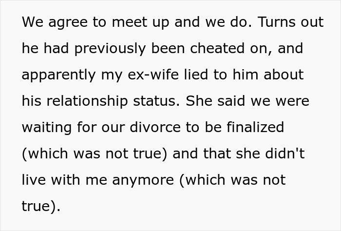 Text excerpt showing a man happy after discovering his ex-wife caught cheating and lying about divorce status.