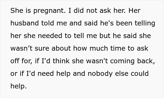 Text about boss's dilemma over asking employee if she’s pregnant in a right to fire state workplace setting.
