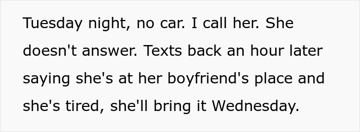 Text message exchange showing a lady borrowing a car for one hour but keeping it for days, causing tension with her sister.