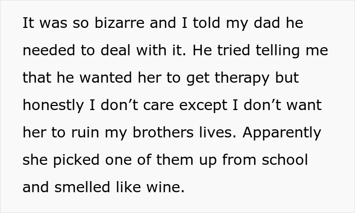 Text about an evil stepmom turning to wine after failure, with concerns over her impact on stepbrothers.