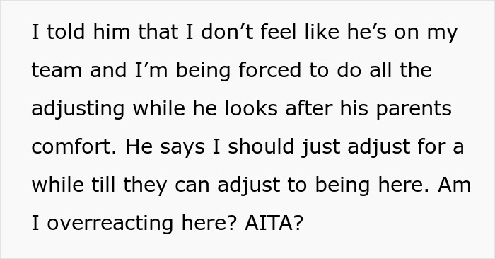 Text discussing a pregnant woman feeling disrespected by her husband for not supporting her needs and adjusting to his parents.