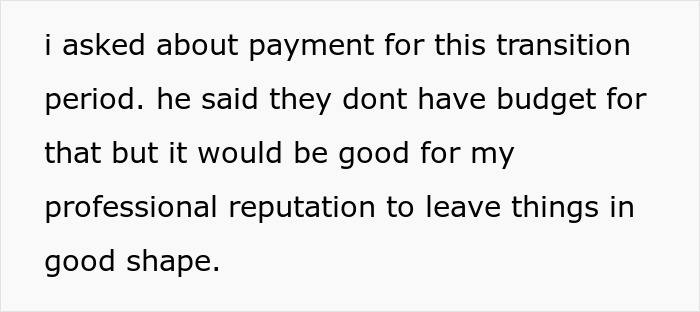 Text excerpt about employee refusing unpaid training and employer threatening reference during transition period after layoff. Text excerpt about employee refusing unpaid training and employer threatening reference during transition period after layoff.