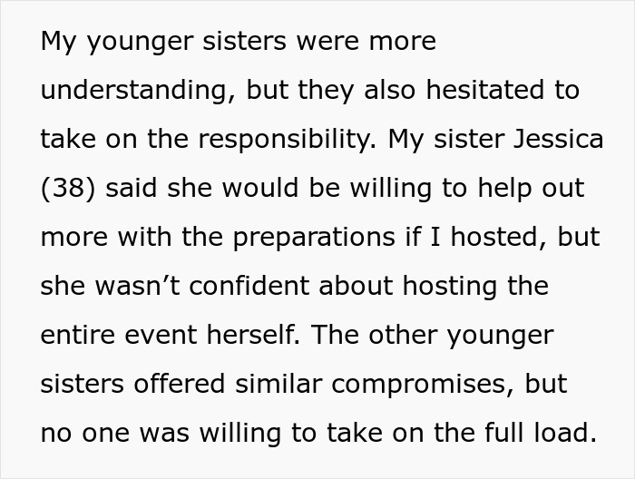 Woman asking for a break in hosting a traditional family Thanksgiving faces criticism from sisters over responsibility. Woman asking for a break in hosting a traditional family Thanksgiving faces criticism from sisters over responsibility.