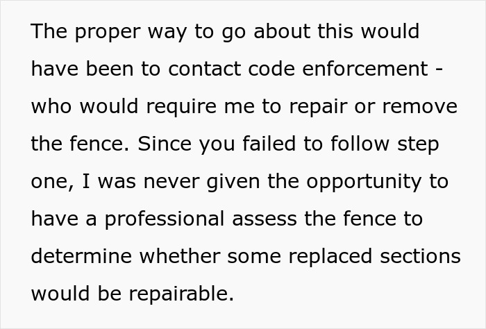 Text excerpt showing dispute details about neighbor replacing rotten fence without agreement and refusal to pay $2000. Text excerpt showing dispute details about neighbor replacing rotten fence without agreement and refusal to pay $2000.