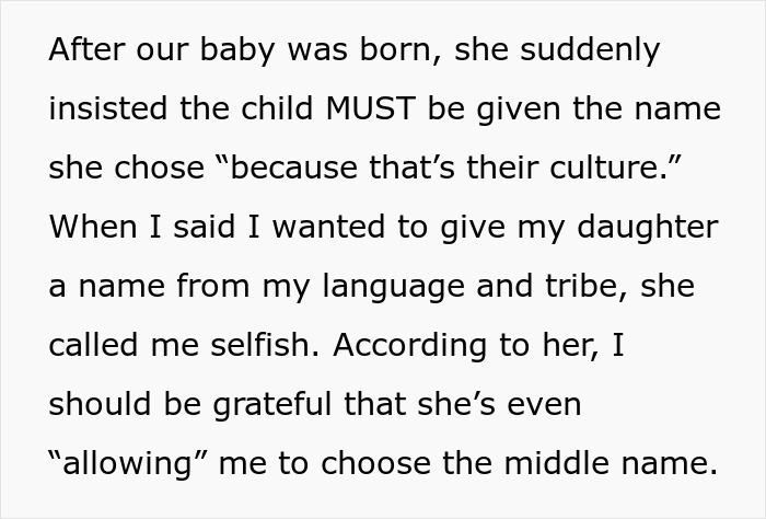 Text excerpt highlighting MIL demands baby’s name honor her culture while new mom fights for her heritage after birth.