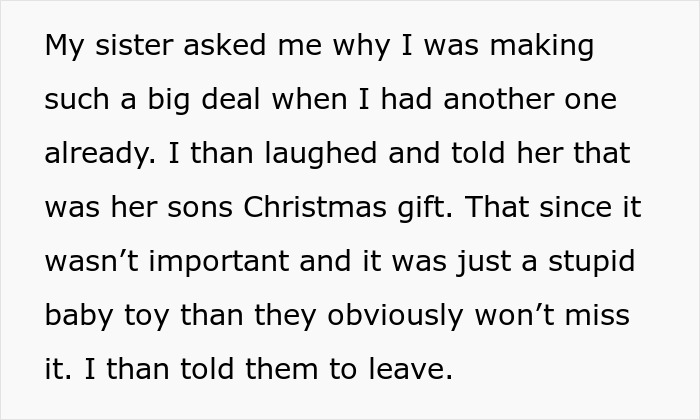 Text excerpt revealing a woman took back her nephew’s Christmas gift during a family disagreement.