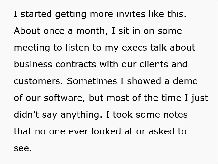 Text explaining a female software developer invited to client meetings by her boss to be a pretty face, feeling gobsmacked.